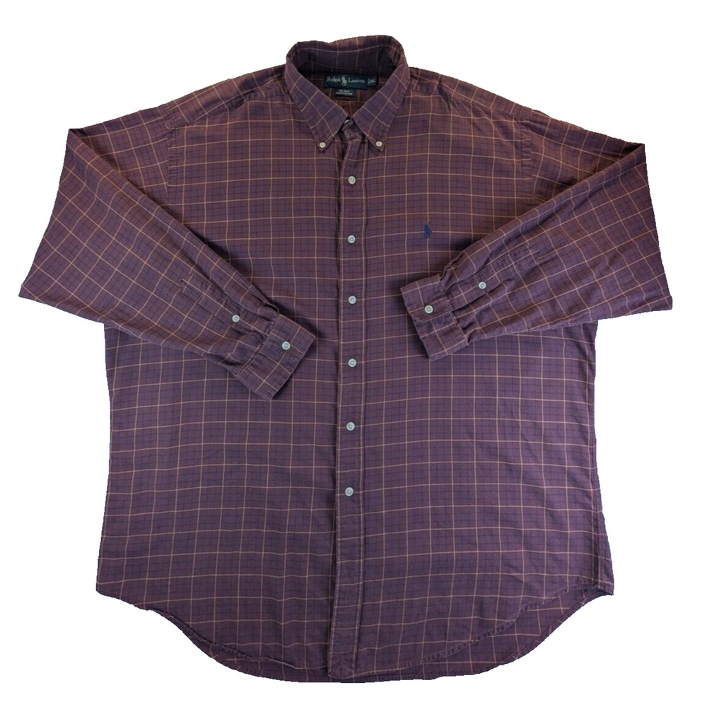 Ralph Lauren Shirt Mens XL Button Down Burgundy Vintage Blake Plaid Long Sleeve